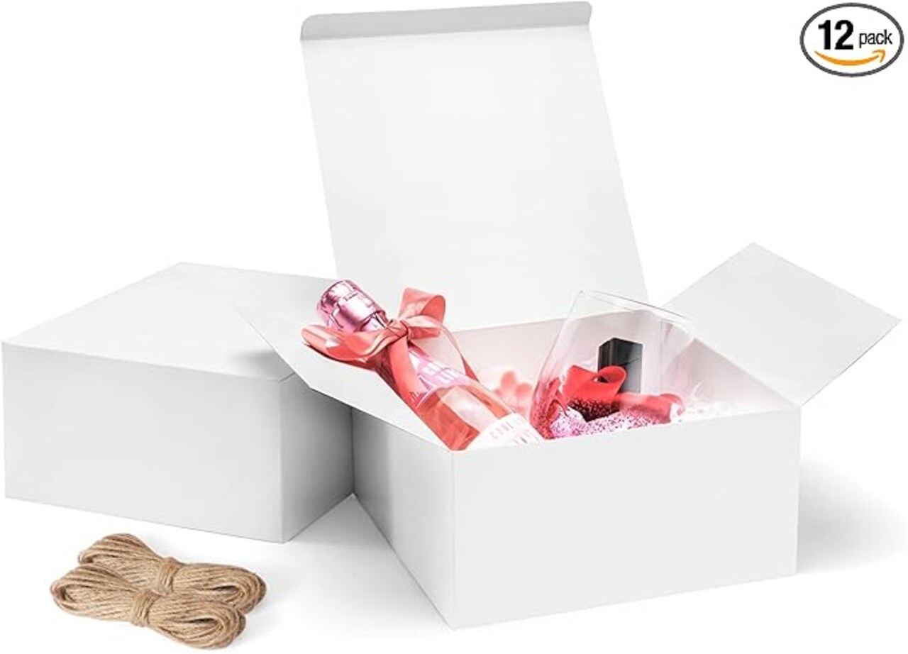 8x8x4 Inches Gift Boxes 12 PCS White Paper Gift Boxes with Lids for Gifts, Wedding Present, Bridesmaid Proposal Box, Birthday Party Favor, Easy Assemble Box with 66ft Twine